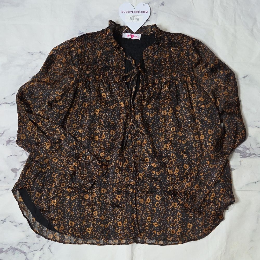 Buddy Love Women's Black and Tan Floral Long Sleeve Blouse